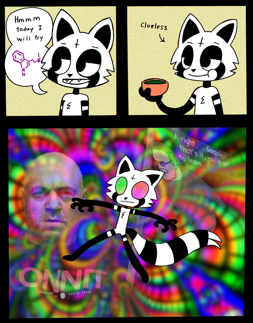 abstract_background absurd_res anthro black_body chemical comic dialogue drug_usage drugs english_text hi_res humor male mammal meme multicolored_body procyonid psychedelic psychedelic_background raccoon rex_raccoon_(rexon02) rexon02 solo speech_bubble text toony two_tone_body white_body