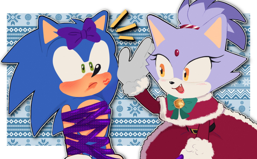 2022 anthro bell blaze_the_cat blue_body blush bound christmas clothing costume detailed_background digital_media_(artwork) domestic_cat duo eulipotyphlan fangs felid feline felis female gloves green_eyes handwear hedgehog hi_res holidays jingle_bell kiss_mark lipstick lipstick_on_face love makeup male male/female mammal purple_eyes ribbons santa_costume sega smile sonic_the_hedgehog sonic_the_hedgehog_(series) spidercheetos surprised_expression teeth yellow_eyes