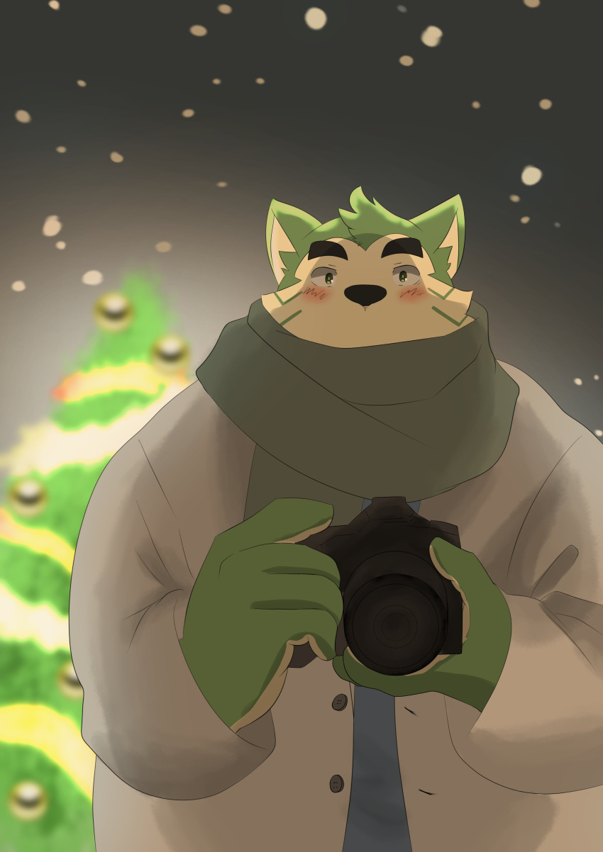 absurd_res anthro blush camera canid canine canis christmas christmas_tree clothing coat domestic_dog eyebrows fur green_body green_fur hi_res holidays hrtm1028mofmof lifewonders live-a-hero male mammal mokdai plant scarf solo thick_eyebrows topwear tree winter