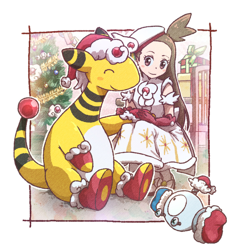 1girl ampharos brown_eyes chair christmas christmas_tree clothed_pokemon dress gift gloves hat highres jasmine_(holiday_2022)_(pokemon) jasmine_(pokemon) kotobukkii_(yt_lvlv) light_brown_hair looking_at_another magnemite official_alternate_costume pokemon pokemon_(creature) pokemon_(game) pokemon_masters_ex red_footwear red_gloves santa_hat sleeveless sleeveless_dress smile squatting