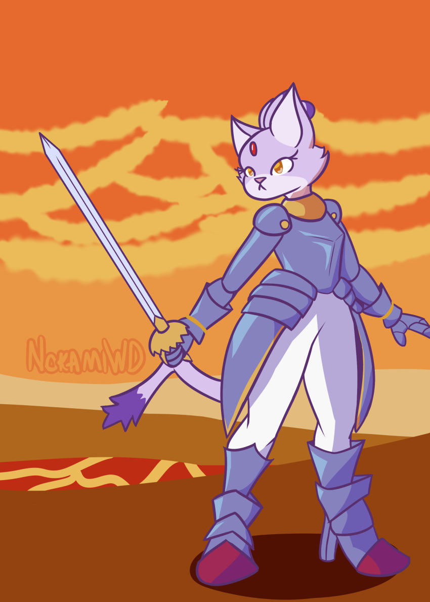 absurd_res anthro armor blaze_the_cat boots clothed clothing digital_media_(artwork) female footwear fur gloves handwear hi_res high_heeled_boots high_heels lava melee_weapon nokamiwd purple_body purple_fur sega sir_percival_(sonic_and_the_black_knight) solo sonic_and_the_black_knight sonic_storybook_series sonic_the_hedgehog_(series) sword volcano warrior weapon