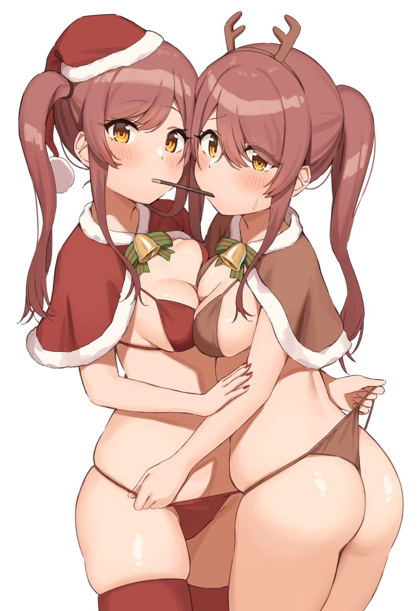 2girls absurdres ass bell bikini blush breast_press breasts brown_bikini christmas fake_antlers food hat highres idolmaster idolmaster_shiny_colors incest looking_at_viewer medium_breasts multiple_girls neck_bell osaki_amana osaki_tenka pocky pocky_kiss red_bikini red_headwear red_thighhighs santa_hat siblings side_ponytail sidelocks simple_background sisters swimsuit symmetrical_docking thighhighs twincest twins wanimaru white_background yellow_eyes yuri