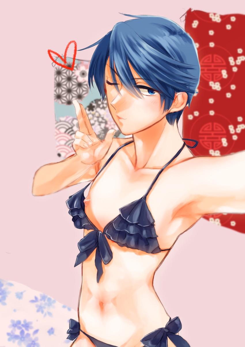 1girl bikini blue_bikini blue_eyes blue_hair flat_chest frilled_bikini frills front-tie_bikini_top front-tie_top gekkan_shoujo_nozaki-kun heart highres kashima_yuu muramaru nipples oversized_clothes puckered_lips selfie short_hair side-tie_bikini_bottom solo swimsuit upper_body