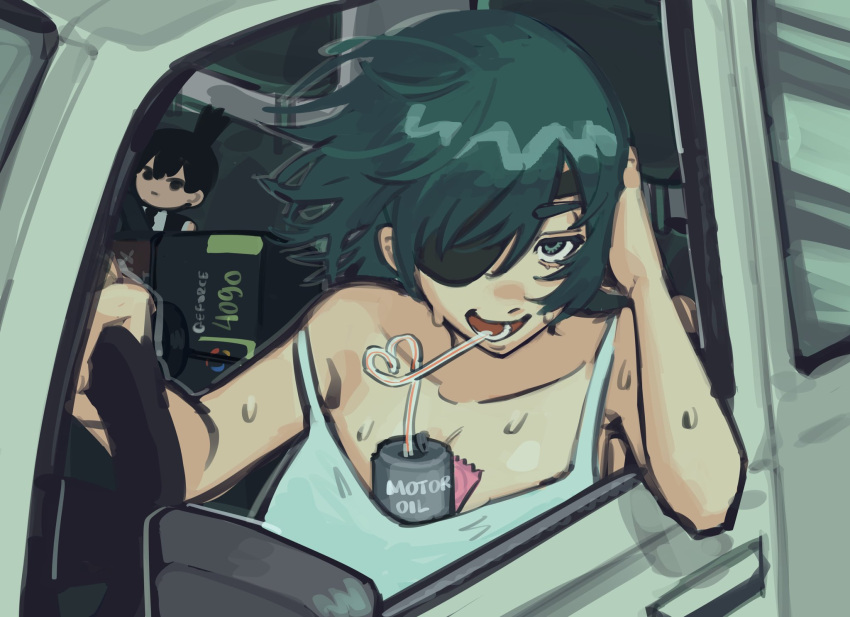 1girl bendy_straw between_breasts black_hair black_jacket black_necktie breasts can car chainsaw_man cleavage condom_between_breast crazy_straw drinking_straw elbow_rest eyepatch geforce_rtx_4090 green_eyes grey_tank_top ground_vehicle hand_on_own_head hayakawa_aki heart_straw highres himeno_(chainsaw_man) jacket large_breasts liowig looking_at_viewer motor_vehicle necktie off_shoulder open_mouth shirt short_hair smile soda_can solo steering_wheel stuffed_toy sweat tank_top white_shirt