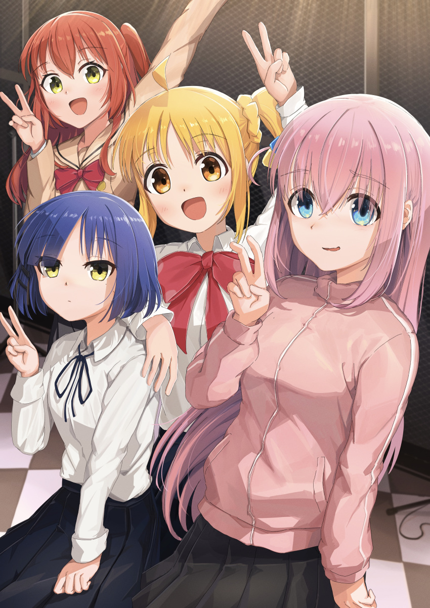 4girls :d absurdres ahoge black_ribbon black_skirt blonde_hair blue_eyes blue_hair bocchi_the_rock! bow brown_eyes collared_shirt cube_hair_ornament gotou_hitori green_eyes hair_between_eyes hair_ornament hair_over_eyes highres ijichi_nijika jacket kita_ikuyo long_hair long_sleeves looking_at_viewer mole mole_under_eye multiple_girls neck_ribbon nervous_smile one_side_up pink_hair pink_jacket pleated_skirt ponpochi red_bow red_hair ribbon school_uniform shirt shirt_tucked_in short_hair side_ponytail sidelocks skirt smile track_jacket v white_shirt yamada_ryou yellow_eyes