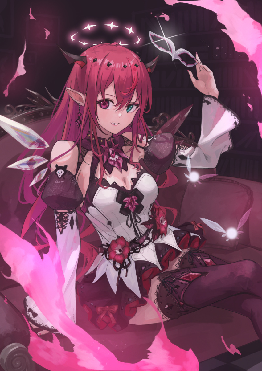 1girl absurdres asymmetrical_wings bangs bare_shoulders black_thighhighs blue_eyes breasts cleavage couch crystal_wings detached_sleeves dress earrings fairy hair_between_eyes halo heterochromia highres holding holding_mask hololive hololive_english horns irys_(hololive) jewelry large_breasts long_hair long_sleeves looking_at_viewer mask multicolored_hair pink_eyes pointy_ears puffy_long_sleeves puffy_sleeves purple_hair red_hair sitting solo streaked_hair thighhighs uito_yzwa very_long_hair virtual_youtuber white_dress wide_sleeves wings