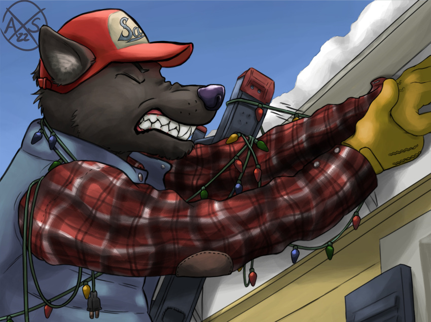 alphasabre anthro baseball_cap canid canine canis christmas christmas_decorations christmas_lights clothed clothing gloves handwear hat headgear headwear holidays male mammal movie_reference national_lampoon's_christmas_vacation pattern_clothing pattern_shirt pattern_topwear plaid plaid_clothing plaid_shirt plaid_topwear sabre_(sabrethewolf) shirt solo topwear vest winter wolf