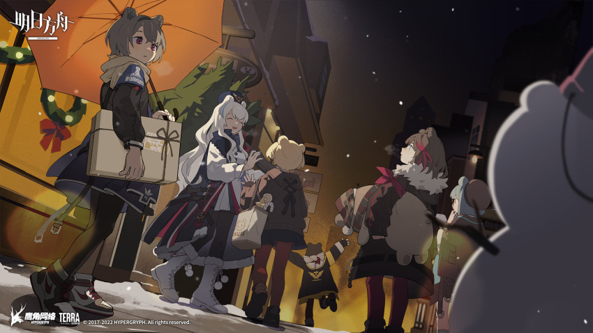 6+girls absinthe_(arknights) animal_ears arknights bag bear_ears bear_girl boots bucket_hat christmas_tree christmas_wreath city_lights cityscape gummy_(arknights) hat highres istina_(arknights) leto_(arknights) multiple_girls night night_sky official_art rosa_(arknights) shoes shopping_bag sky sneakers snow snowing snowman stuffed_animal stuffed_toy ursus_empire_logo zima_(arknights)