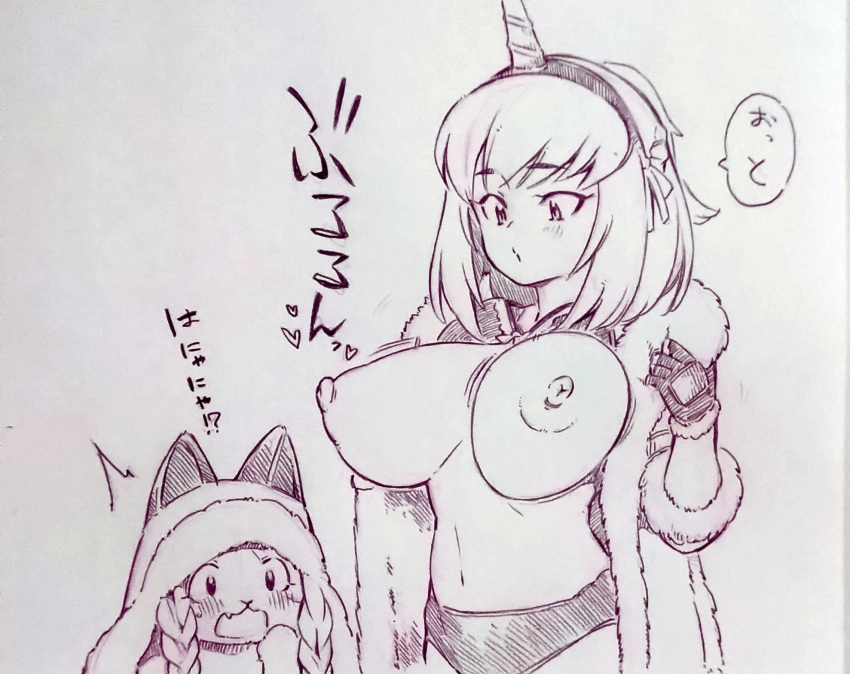 1girl ^^^ blush breasts commentary_request fingerless_gloves fur-trimmed_jacket fur_trim gloves highres horns jacket kirin_(armor) large_breasts looking_at_another monochrome monster_hunter_(character) monster_hunter_(series) navel nipples panties single_horn speech_bubble traditional_media tsukareta_san underwear