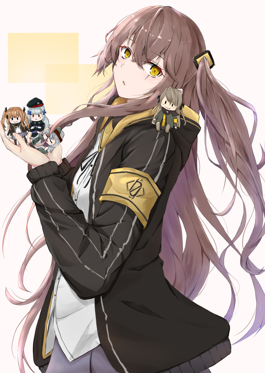 404_(girls'_frontline) 404_logo_(girls'_frontline) 5girls brown_hair character_doll g11_(girls'_frontline) girls'_frontline hat highres hk416_(girls'_frontline) long_hair looking_at_viewer multiple_girls satsumaagee scar scar_across_eye side_ponytail sleeping twintails ump40_(girls'_frontline) ump45_(girls'_frontline) ump9_(girls'_frontline) yellow_eyes