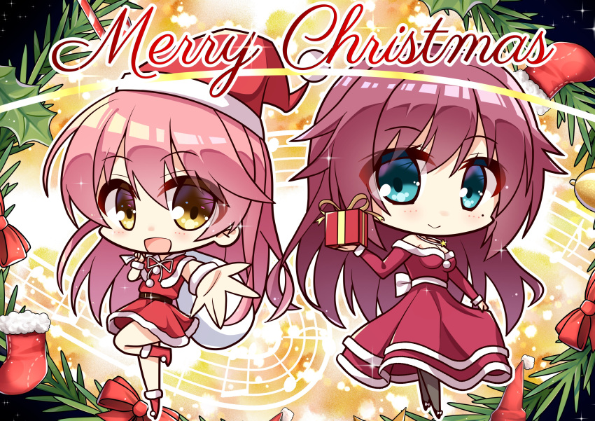 2girls absurdres aqua_eyes bangs blush boots box breasts chibi christmas cleavage clothes_lift dress dress_lift eyelashes gift gift_bag gift_box hair_between_eyes hat highres holding holding_gift jewelry kurama_koharu large_breasts long_hair looking_at_viewer maniwa_roka merry_christmas mistletoe multiple_girls musical_note necklace open_hand open_mouth outstretched_arm pink_hair purple_hair red_ribbon ribbon santa_boots santa_capelet santa_costume santa_dress santa_hat senren_banka sesen2000 sidelocks sky smile sparkle spiked_hair standing standing_on_one_leg star_(sky) star_(symbol) star_necklace starry_sky white_ribbon yellow_eyes yuzu-soft