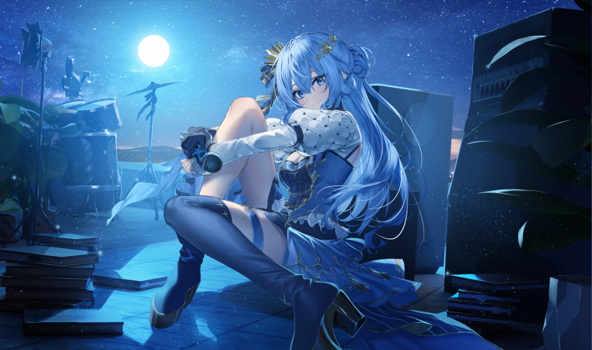 1girl amplifier blue_eyes blue_footwear blue_hair book book_stack boots breasts cleavage closed_mouth commentary crown cymbals drum drum_set from_side full_body full_moon gloves hair_ornament hair_ribbon heirou high_heel_boots high_heels highres holding holding_microphone hololive hoshimachi_suisei instrument knee_up long_hair looking_at_viewer looking_to_the_side microphone mini_crown moon official_art puffy_sleeves ribbon single_glove sitting sky small_breasts smile solo speaker star_(sky) star_(symbol) star_hair_ornament starry_sky symbol-only_commentary thigh_boots thigh_strap