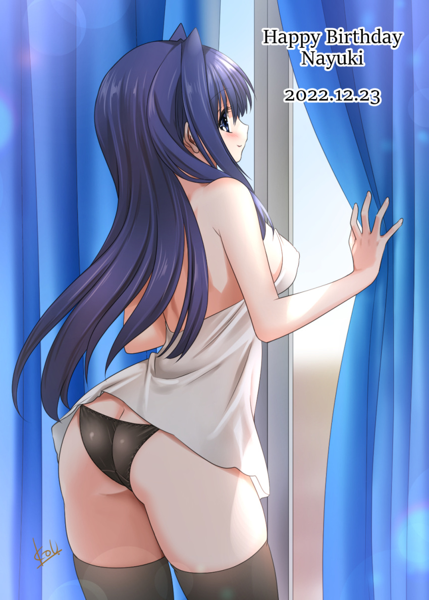 1girl ass bare_shoulders black_panties black_thighhighs blue_eyes blue_hair blush breasts butt_crack curtains dated from_behind hair_intakes happy_birthday highres indoors kanon long_hair minase_nayuki mitarashi_kousei no_pants panties shirt sideboob solo strapless strapless_shirt thighhighs thighs underwear white_shirt window