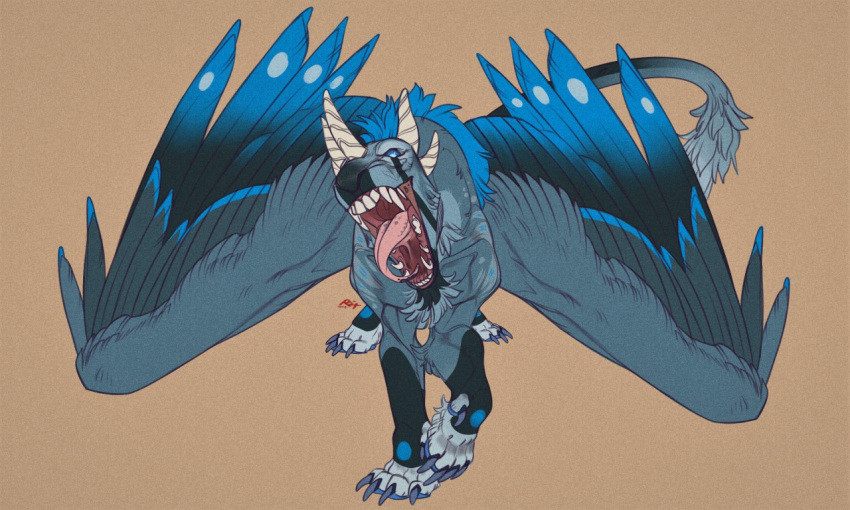 5:3 ambiguous_gender blue_body blue_eyes blue_feathers blue_pupils blue_wings chin_tuft dragon facial_tuft fangs feathered_wings feathers feral front_view full-length_portrait horn leg_tuft mouth_shot open_mouth pink_tongue portrait pupils quadruped riorix signature simple_background solo tail_tuft teeth tongue tongue_out tuft white_horn wings