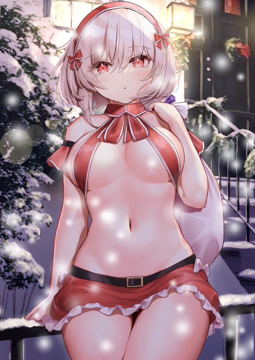 1girl :o absurdres azur_lane belt bikini bikini_top_only black_belt blurry blurry_background bob_cut breasts building classic_(zildjian33) door hairband highres holding holding_sack medium_breasts miniskirt navel night outdoors parted_lips railing red_eyes red_hairband red_skirt sack short_hair sirius_(azur_lane) sitting skirt snow snowing solo stairs stomach swimsuit thighs tree white_hair wreath