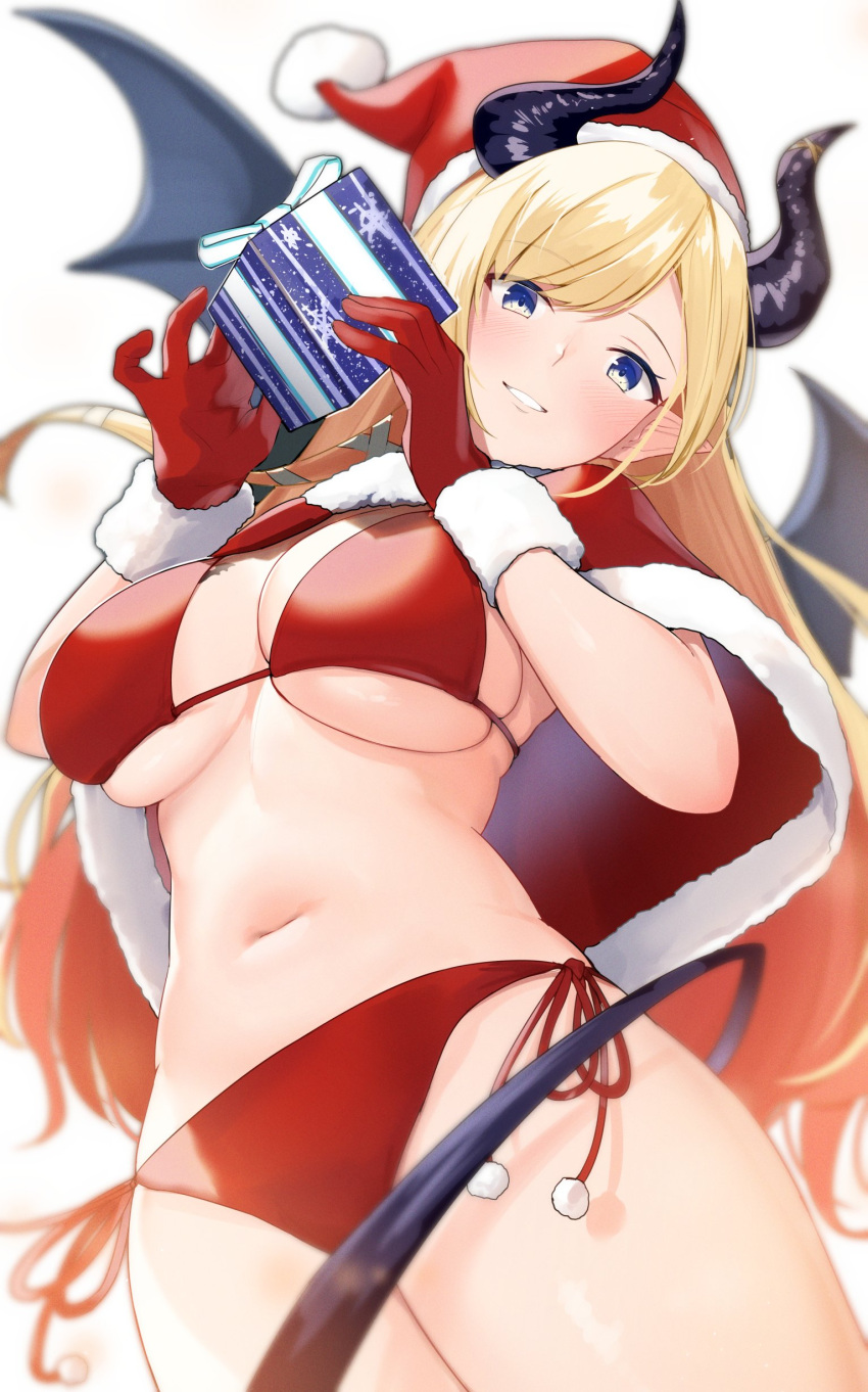 1girl absurdres bikini black_horns black_wings blonde_hair box breasts capelet christmas demon_girl demon_horns demon_tail demon_wings gift gift_box gloves hat highres holding holding_gift hololive horns large_breasts long_hair looking_at_viewer red_bikini red_capelet red_gloves red_headwear santa_hat smile solo swimsuit tail virtual_youtuber wings yuuzuki_(re'ef) yuzuki_choco