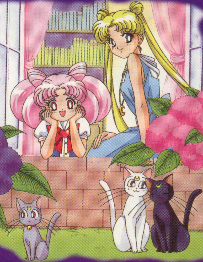 absurd_res artemis_(sailor_moon) bishoujo_senshi_sailor_moon blonde_hair chibi_usa diana_(sailor_moon) female group hair hi_res human luna_(sailor_moon) male mammal official_art pink_hair red_eyes sailor_moon_(series) sitting