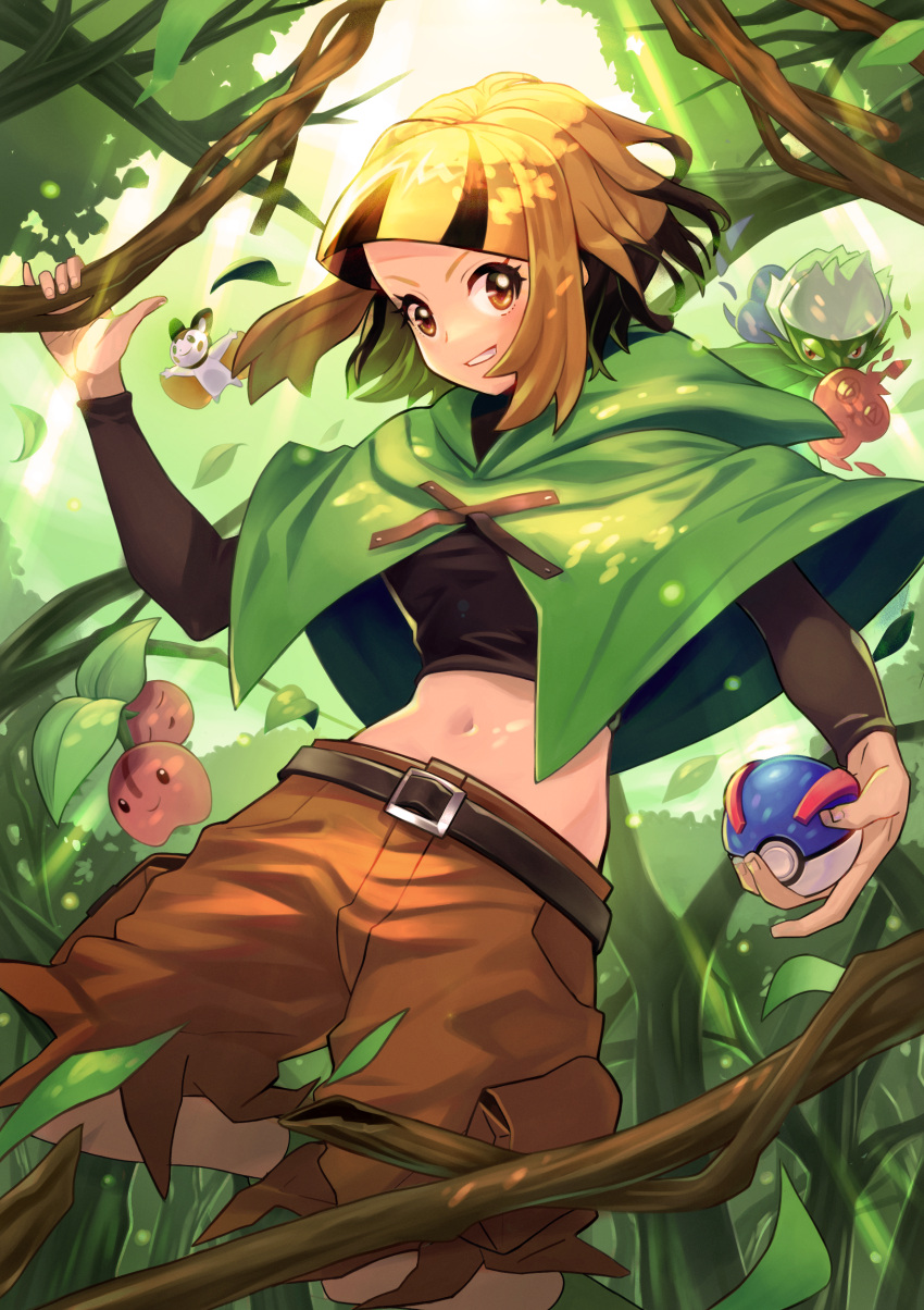 1girl absurdres bangs belt black_belt black_hair black_shirt blunt_bangs boots breasts brown_eyes brown_hair capelet cargo_shorts cherubi commentary_request crop_top cropped_shirt dappled_sunlight emolga falling_leaves forest gardenia_(pokemon) great_ball green_capelet green_footwear grin highres holding holding_poke_ball leaf legomitu long_sleeves looking_at_viewer medium_breasts midriff multicolored_hair nature navel outdoors poke_ball pokemon pokemon_(creature) pokemon_(game) pokemon_dppt roserade shirt short_hair shorts sidelocks smile standing standing_on_one_leg sunlight teeth torn_clothes torn_shorts two-tone_hair