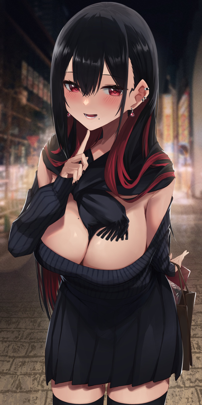 1girl absurdres amane_sora bag bangs bare_shoulders black_hair black_nails black_skirt breasts brick_road cleavage ear_piercing earrings hair_behind_ear hair_between_eyes heart heart-shaped_pupils highres holding holding_bag index_finger_raised jewelry large_breasts long_hair mole mole_on_breast mole_under_mouth multicolored_hair night open_mouth original outdoors piercing pleated_skirt red_eyes ribbed_sweater scarf skirt solo streaked_hair sweater symbol-shaped_pupils thighhighs