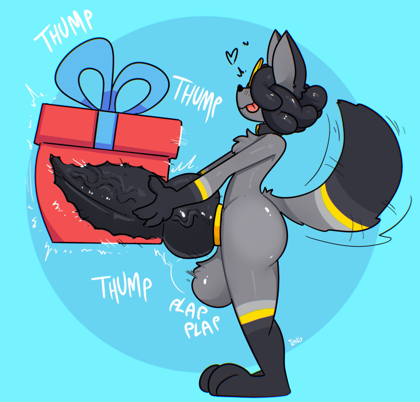 &lt;3 absurd_res alolan_form alolan_meowth animal_genitalia animal_penis anthro balls big_penis black_body black_fur black_hair black_penis blue_background butt canine_penis dreadlocks english_text erection fur genitals gift gift_bow gift_box grey_body grey_fur hair hi_res huge_penis knot male markings masturbation nintendo nude penile penile_masturbation penis plantigrade pokemon pokemon_(species) regional_form_(pokemon) simple_background solo sound_effects text the_xing1 tongue tongue_out vein veiny_penis vinci_(itsmemtfo4) yellow_markings