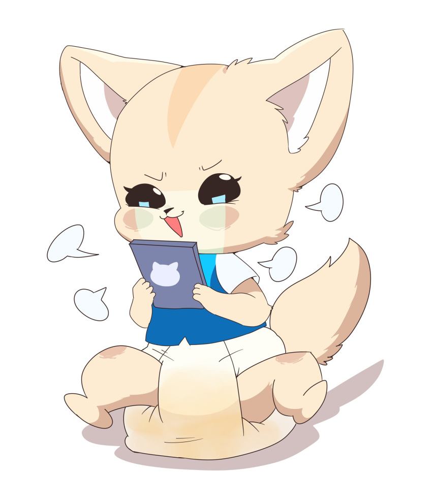 aggressive_retsuko anthro big_ears blush bodily_fluids canid canine cellphone coopitchu diaper female fennec fenneko fox genital_fluids glowing hi_res mammal open_mouth phone sanrio sitting solo spread_legs spreading urine wet_diaper wetting