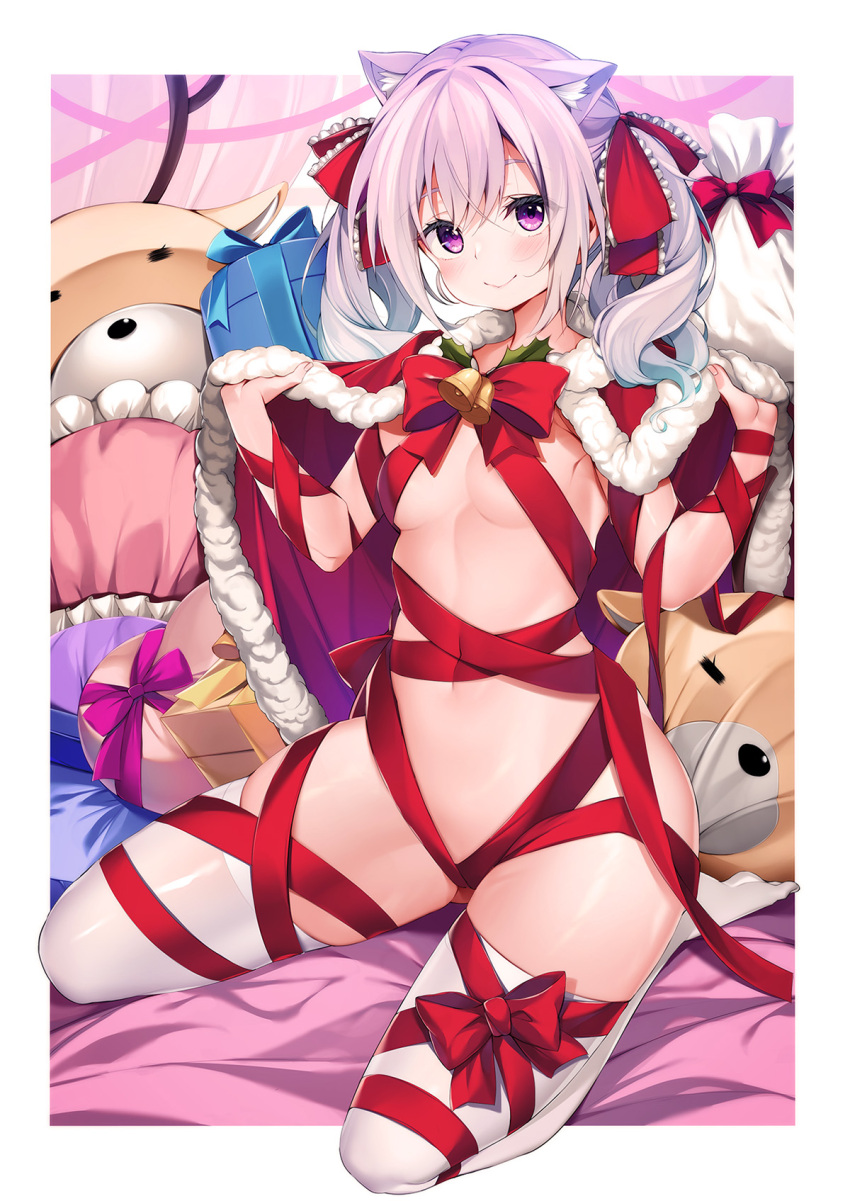 1girl animal_ear_fluff animal_ears areola_slip bangs bell blush bow box breasts capelet cat_ears christmas closed_mouth commentary_request covered_navel eyebrows_hidden_by_hair frilled_bow frills fur-trimmed_capelet fur_trim gabao. gift gift_box hair_between_eyes hair_bow highres no_shoes original purple_eyes purple_hair red_bow red_capelet red_ribbon ribbon sack small_breasts smile solo stuffed_animal stuffed_toy teddy_bear thighhighs twintails white_thighhighs