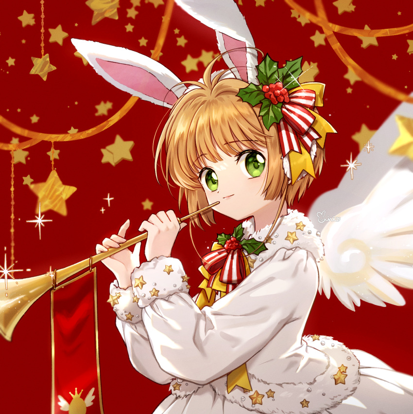 1girl animal_ears bangs blonde_hair cardcaptor_sakura christmas closed_mouth danby_merong fake_animal_ears fur-trimmed_jacket fur-trimmed_sleeves fur_trim green_eyes hands_up highres holding holding_instrument instrument jacket kinomoto_sakura long_sleeves rabbit_ears red_background simple_background skirt smile solo starry_background trumpet white_jacket white_skirt white_wings wings