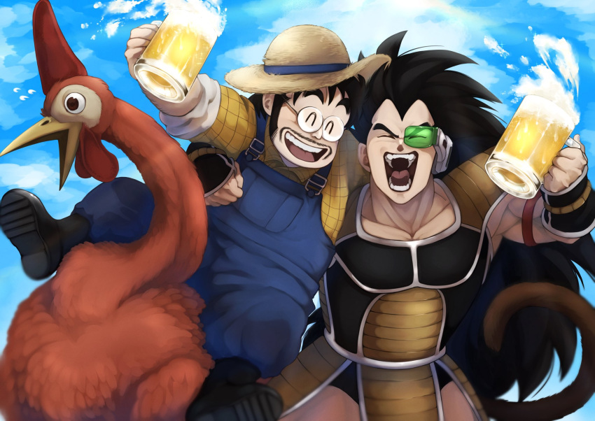 2boys alcohol animal armor arms_at_sides beer beer_mug black_hair boots breastplate closed_eyes creature cup d_norainu_b dragon_ball dragon_ball_z facial_hair facing_viewer farmer_(dragon_ball) fingerless_gloves flannel gauntlets glasses gloves hat highres hug laughing long_hair monkey_tail mug multiple_boys muscular muscular_male mustache overalls raditz red_armband saiyan_armor scouter shoulder_armor sideburns smile spiked_hair straw_hat tail teeth v-shaped_eyebrows vambraces very_long_hair