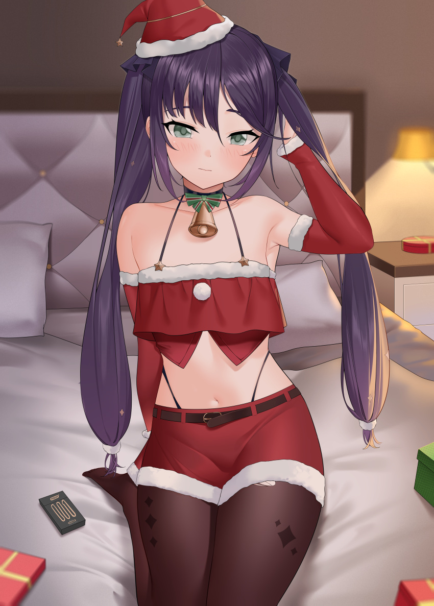 1girl absurdres bell black_choker box brown_pantyhose choker christmas closed_mouth condom_box elbow_gloves genshin_impact gift gift_box gloves green_eyes hand_in_own_hair hat highres indoors jingle_bell kemile long_hair looking_at_viewer midriff miniskirt mona_(genshin_impact) navel neck_bell nightstand no_shoes on_bed pantyhose purple_hair red_skirt santa_costume santa_hat skirt solo stomach thighs twintails
