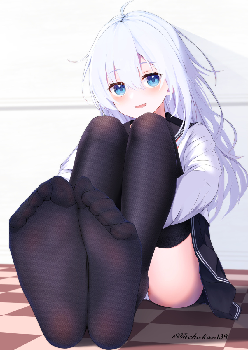 1girl ahoge black_sailor_collar black_skirt black_thighhighs blue_eyes blush eyelashes feet fine_fabric_emphasis foot_focus foreshortening grey_hair hair_between_eyes hibiki_(kancolle) highres hugging_own_legs indoors kantai_collection legs legs_together long_legs long_sleeves no_shoes on_floor open_mouth panties pleated_skirt sailor_collar shadow shirt sidelocks sitting skirt soles solo tachakan thighhighs thighs toe_scrunch toes twitter_username underwear white_panties white_shirt