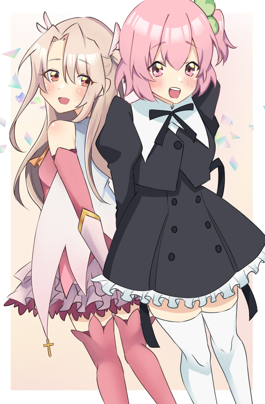 2girls :d absurdres arms_behind_back assault_lily back-to-back bangs bare_shoulders black_ribbon black_skirt blonde_hair blush border cape clover_hair_ornament commentary_request confetti cropped_jacket crossover detached_sleeves dress fate/kaleid_liner_prisma_illya fate_(series) feather_hair_ornament feathers feet_out_of_frame four-leaf_clover_hair_ornament frilled_dress frilled_skirt frills gloves gradient gradient_background hair_between_eyes hair_ornament high-waist_skirt highres hitotsuyanagi_riri illyasviel_von_einzbern imu_(2011imuru) juliet_sleeves layered_dress long_hair long_sleeves looking_at_viewer looking_back miniskirt multiple_girls neck_ribbon one_side_up open_mouth orange_background orange_eyes outside_border pink_dress pink_eyes pink_hair pink_thighhighs prisma_illya puffy_sleeves ribbon school_uniform short_hair skirt sleeveless sleeveless_dress smile standing teeth thighhighs two_side_up upper_teeth_only white_border white_cape white_gloves white_thighhighs yurigaoka_girls_academy_school_uniform zettai_ryouiki