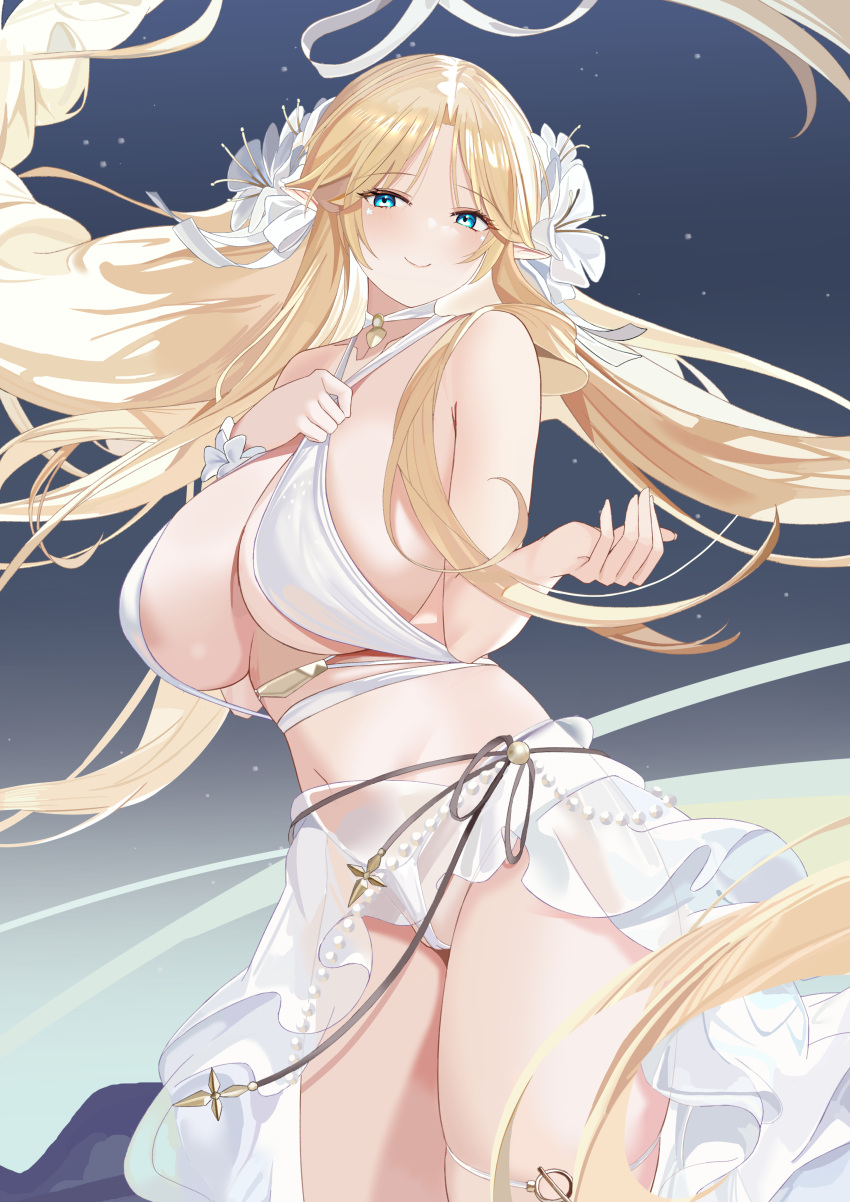 1girl absurdres azur_lane bangs bare_arms bare_shoulders blonde_hair blue_eyes blush breasts brest_(azur_lane) brest_(marine_muse)_(azur_lane) choker closed_mouth flower hair_flower hair_ornament highres large_breasts long_hair looking_at_viewer official_alternate_costume pointy_ears sideboob smile solo thigh_strap thighs tnr_(horiko1525) white_choker