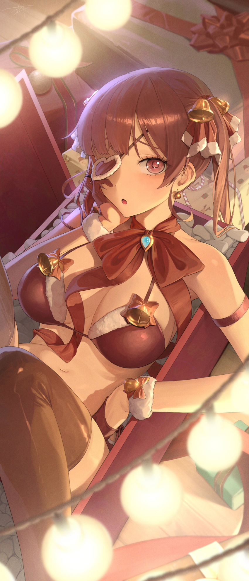 1girl :o absurdres bell bikini bow box breasts eyepatch gift gift_box gloves hair_bell hair_ornament hair_ribbon hand_on_own_cheek hand_on_own_face heart heart_eyepatch highres hololive houshou_marine in_box in_container large_breasts long_hair looking_at_viewer red_bikini red_bow red_eyes red_gloves red_hair red_ribbon ribbon rim_(kyorin) solo string_bikini swimsuit thighhighs virtual_youtuber