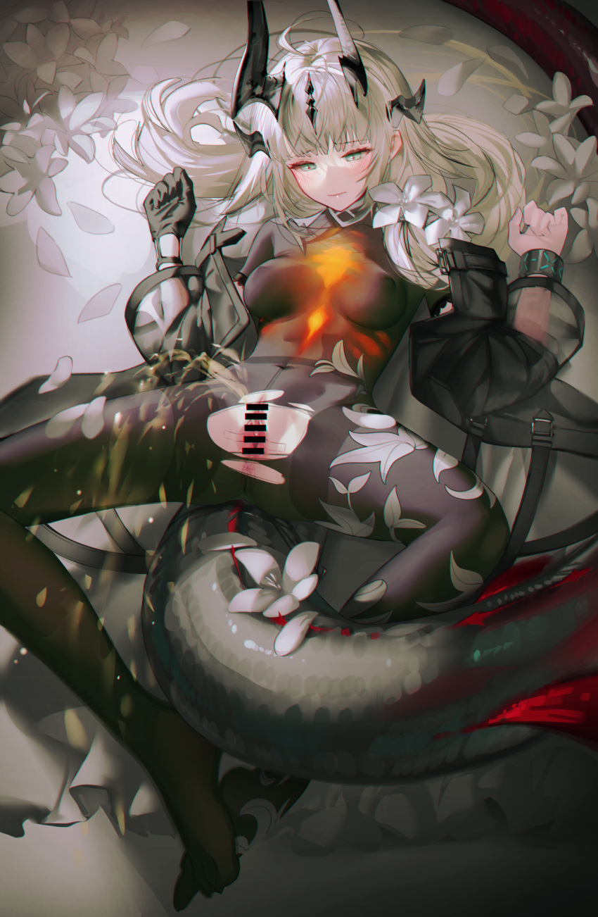 1girl anus arknights bangle bar_censor black_gloves black_pantyhose blonde_hair bodystocking bracelet censored covered_nipples dragon_girl dragon_horns dragon_tail floral_print flower gloves green_eyes highres horns infection_monitor_(arknights) iumu jacket jewelry light_in_heart long_hair lying no_panties no_shoes on_back open_clothes open_jacket pantyhose pee peeing petals pussy reed_(arknights) single_glove spread_legs tail torn_clothes torn_pantyhose