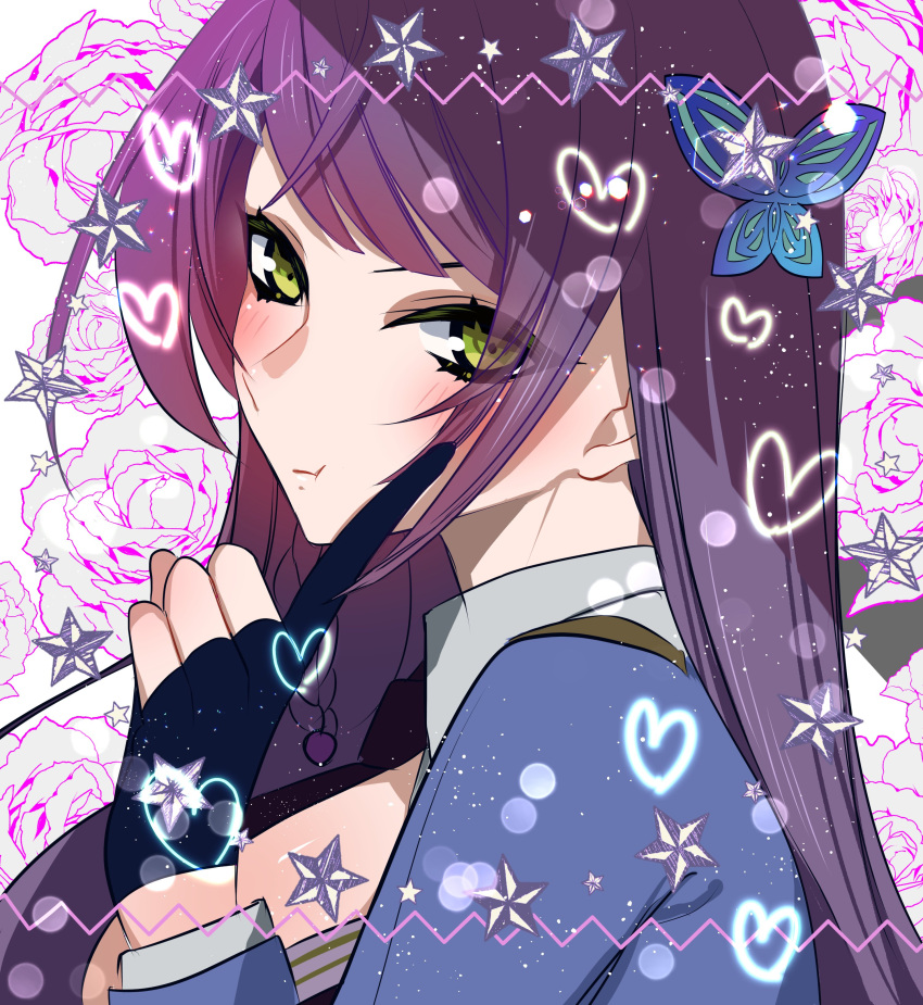 1girl :t absurdres assault_lily bangs black_gloves black_necktie blue_jacket blush braid breasts butterfly_hair_ornament closed_mouth collared_shirt commentary epaulettes finger_to_cheek floral_background flower framed from_side funada_kiito gloves green_eyes hair_ornament hand_up heart highres index_finger_raised jacket kikikaikai_(kikikaikai_chan) large_breasts light_particles long_hair long_sleeves looking_at_viewer looking_to_the_side necktie partially_fingerless_gloves protected_link purple_hair rose shirt side_braid single_braid solo star_(symbol) upper_body white_background white_shirt