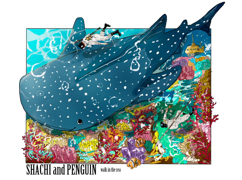 2boys animal black_footwear black_headwear coral_reef fish holding holding_polearm holding_weapon jumpsuit multicolored_background multiple_boys nankotsugyorui one_piece penguin_(one_piece) polearm red_hair shachi_(one_piece) smile submarine swimming underwater watercraft weapon whale white_jumpsuit