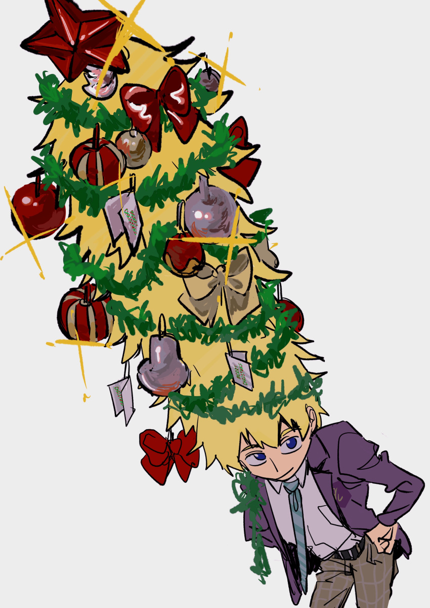 1boy absurdres blonde_hair blue_eyes christmas_ornaments christmas_tree closed_mouth collared_shirt hanazawa_teruki hand_on_hip highres jacket lisiduomuli long_sleeves looking_at_viewer male_focus mob_psycho_100 necktie purple_jacket school_uniform shirt simple_background smile solo tall_hair white_shirt wig