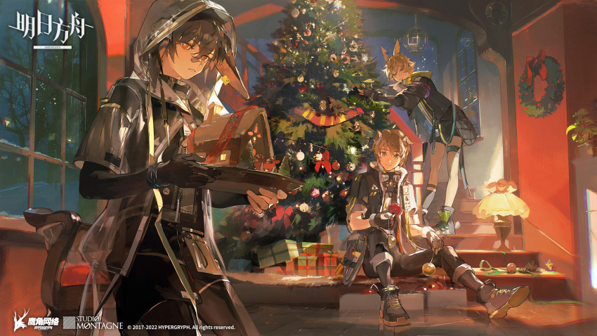 3boys animal_ears arknights ayerscarpe_(arknights) bandaid bandaid_on_face bandaid_on_nose boots christmas christmas_present christmas_tree christmas_wreath dog_boy dog_ears gift greyy_(arknights) highres hood infection_monitor_(arknights) lamp leonhardt_(arknights) multiple_boys official_art rabbit_boy rabbit_ears snowing stairs window