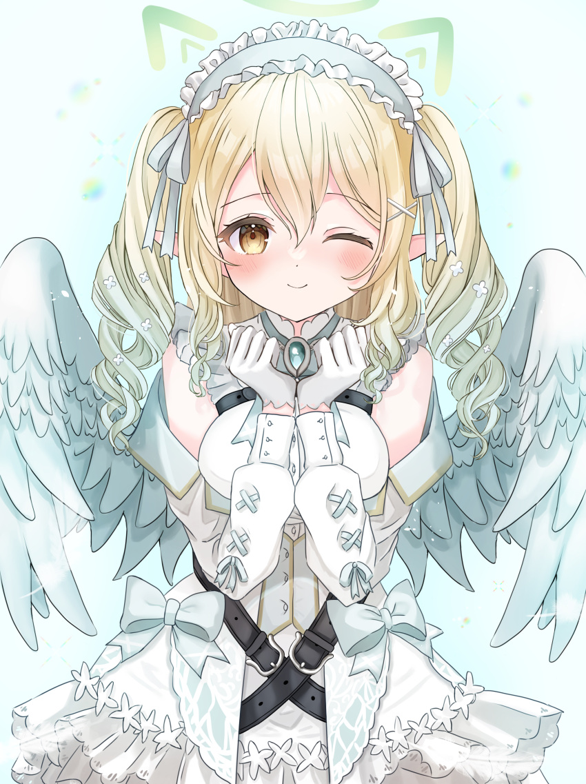 1girl absurdres angel angel_wings animal_ears bangs breasts hair_between_eyes hair_ornament hair_over_eyes halo highres long_hair looking_at_viewer meco_mofu multicolored_hair nanase_eru solo varium virtual_youtuber white_hair wings