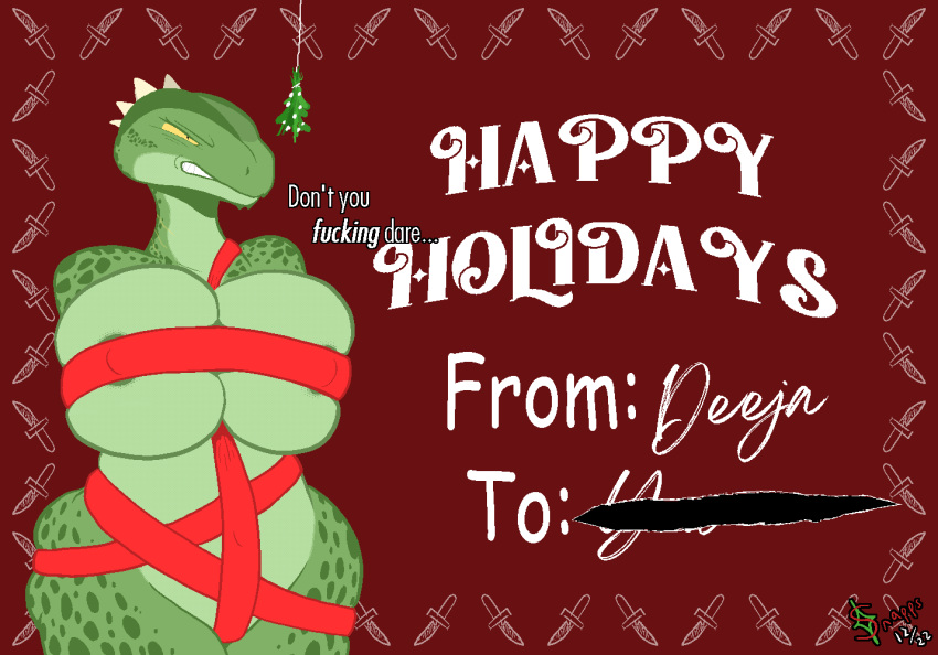 2d_animation aliasing angry animated anthro areola areola_outline areola_slip argonian bdsm bethesda_softworks big_breasts big_butt biped bondage bouncing_breasts bound breast_bondage breasts butt clothed clothing deeja dialogue english_text female green_body green_scales happy_holidays horn loop mistletoe multicolored_body plant postcard ribbon_bondage ribbons scales scalie short short_playtime signature skimpy skyrim snapps snarling solo text the_elder_scrolls thick_thighs two_tone_body yellow_eyes