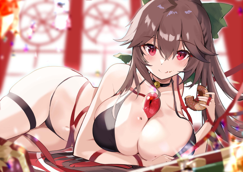 1girl absurdres bangs bell bikini black_bikini black_collar blurry blurry_background bow breasts brown_hair cleavage closed_mouth collar commission doughnut food food_on_face green_bow hair_bow highres holding holding_food large_breasts long_hair looking_at_viewer lying mole mole_on_breast navel neck_bell on_side red_eyes reiuji_utsuho skeb_commission smile solo swimsuit tetsurou_(fe+) thigh_strap third_eye touhou