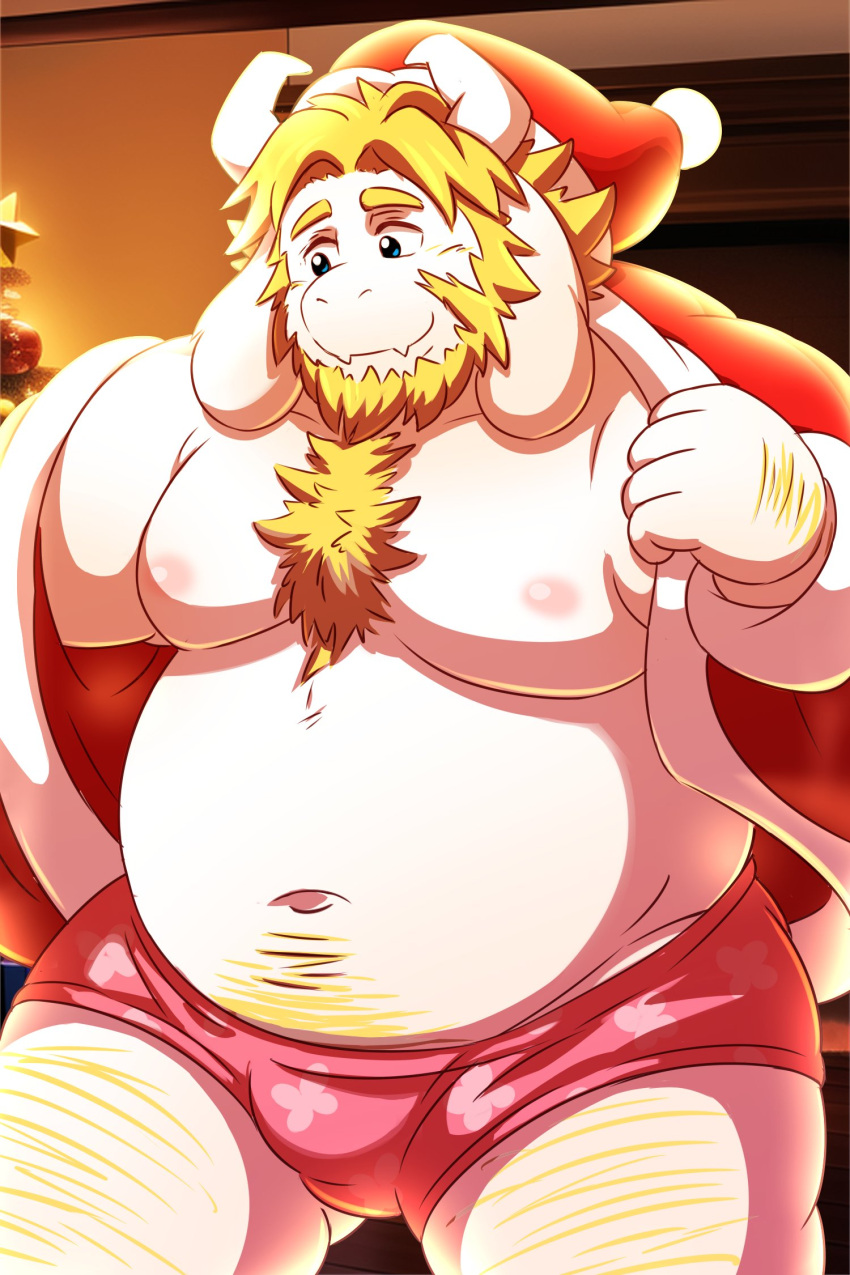 2022 2:3 anthro asgore_dreemurr belly big_belly bovid bovine bulge christmas christmas_clothing christmas_headwear clothing hat headgear headwear hi_res holidays kemono lako male mammal moobs navel nipples overweight overweight_male santa_hat solo undertale_(series) underwear