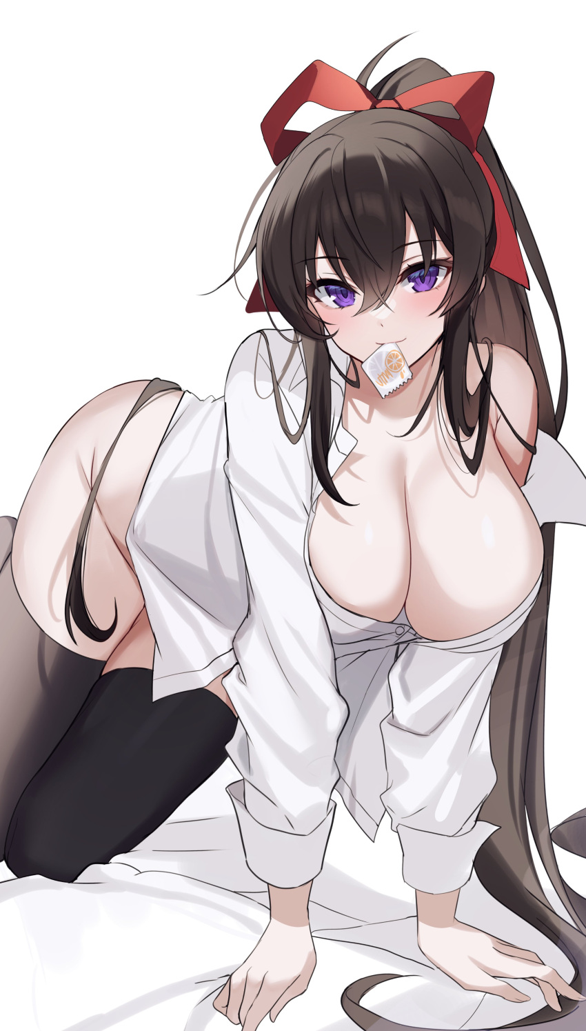 1girl absurdres all_fours black_hair black_thighhighs breasts cleavage collared_shirt condom condom_in_mouth counter:side hair_ribbon hanging_breasts highres huge_breasts looking_at_viewer maett mouth_hold ponytail purple_eyes ribbon seductive_smile shirt smile solo thick_thighs thighhighs thighs white_shirt yoo_mina