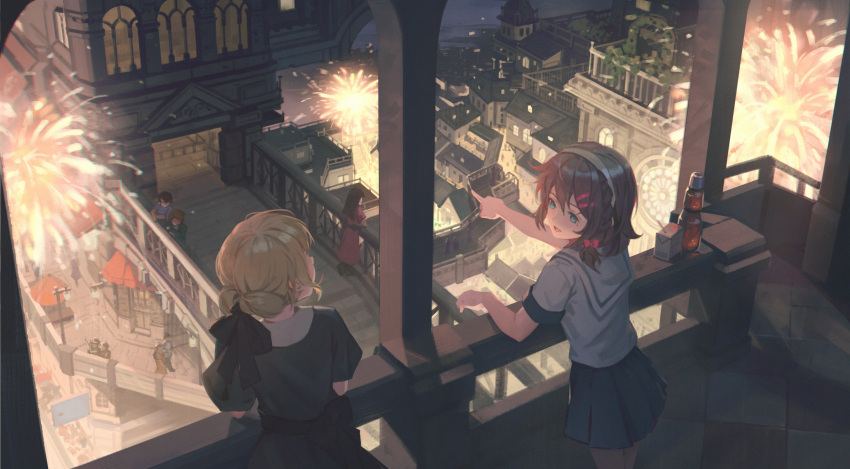2girls absurdres aqua_eyes bangs blonde_hair bottle brown_hair building carton commentary_request drinking_straw fireworks grey_hairband hair_ornament hair_ribbon hairband hairclip highres hyxifeng leaning mole mole_under_eye multiple_girls night open_mouth original pleated_skirt pointing ribbon sailor_collar shirt short_sleeves skirt window