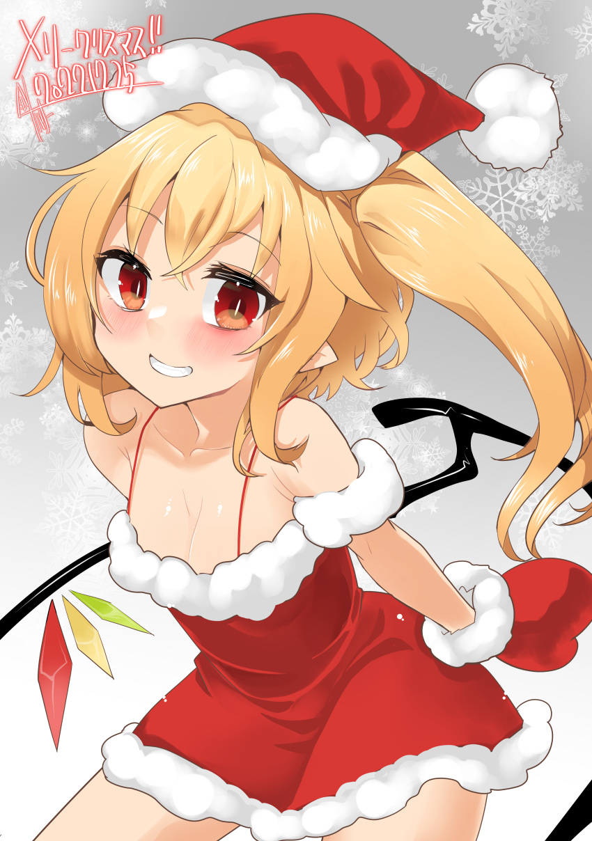 1girl absurdres alternate_costume bangs bare_shoulders blush breasts christmas cleavage collarbone contrapposto crystal dress flandre_scarlet fur_trim gradient gradient_background grey_background grin harry_(namayake) hat highres leaning_forward medium_breasts mittens one_side_up pointy_ears red_dress santa_hat short_hair short_hair_with_long_locks simple_background smile snowflakes solo teeth touhou wings