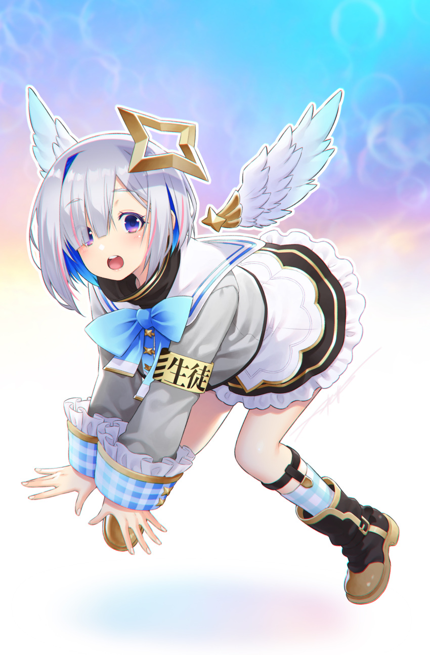 1girl absurdres amane_kanata black_footwear blue_hair boots commentary_request full_body grey_hair grey_shirt hair_over_one_eye halo highres hololive kazuma_muramasa long_sleeves looking_at_viewer multicolored_hair open_mouth pink_hair purple_eyes shiny shiny_hair shirt socks solo star_halo teeth upper_teeth_only virtual_youtuber white_wings wings