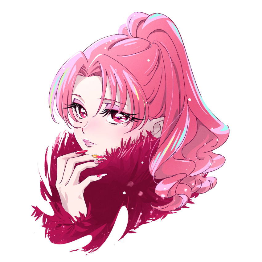 1girl akagi_towa bangs eyeshadow fur_scarf go!_princess_precure high_ponytail highres long_hair makeup nakatani_yukiko parted_bangs pink_eyeshadow pink_hair pink_lips precure red_eyes red_nails solo wavy_hair white_background