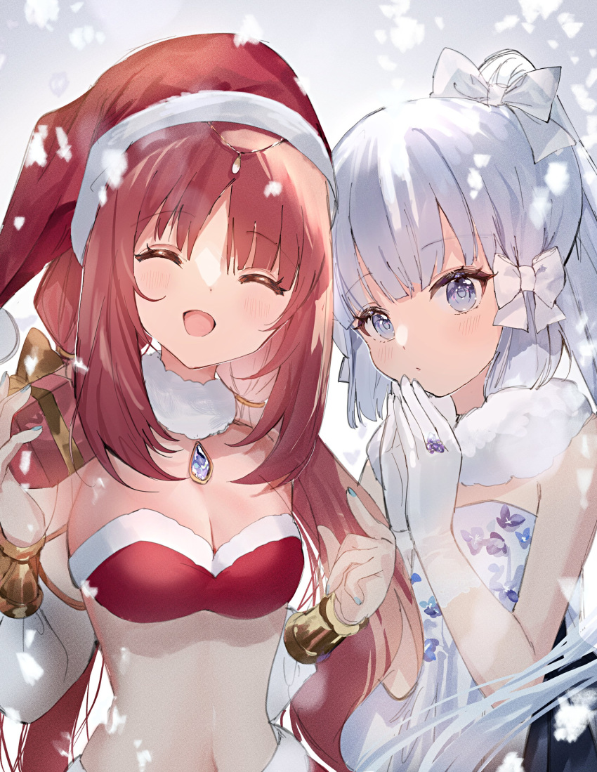 2girls :/ ^_^ ^o^ absurdres alternate_costume bangs bikini blue_eyes blue_nails blush bow box bracer breasts brooch christmas cleavage closed_eyes closed_mouth detached_sleeves dress facing_viewer fur_choker genshin_impact gift grey_background hair_bow hair_ornament happy hat highres holding holding_box holding_gift jewelry kamisato_ayaka long_sleeves looking_at_viewer medium_breasts multiple_girls nail_polish nilou_(genshin_impact) open_mouth own_hands_together parted_bangs ponytail red_hair santa_bikini santa_hat sidelocks simple_background sleeveless sleeveless_dress snowing strapless strapless_dress swimsuit ume_(plumblossom) upper_body white_bow white_dress white_hair white_sleeves