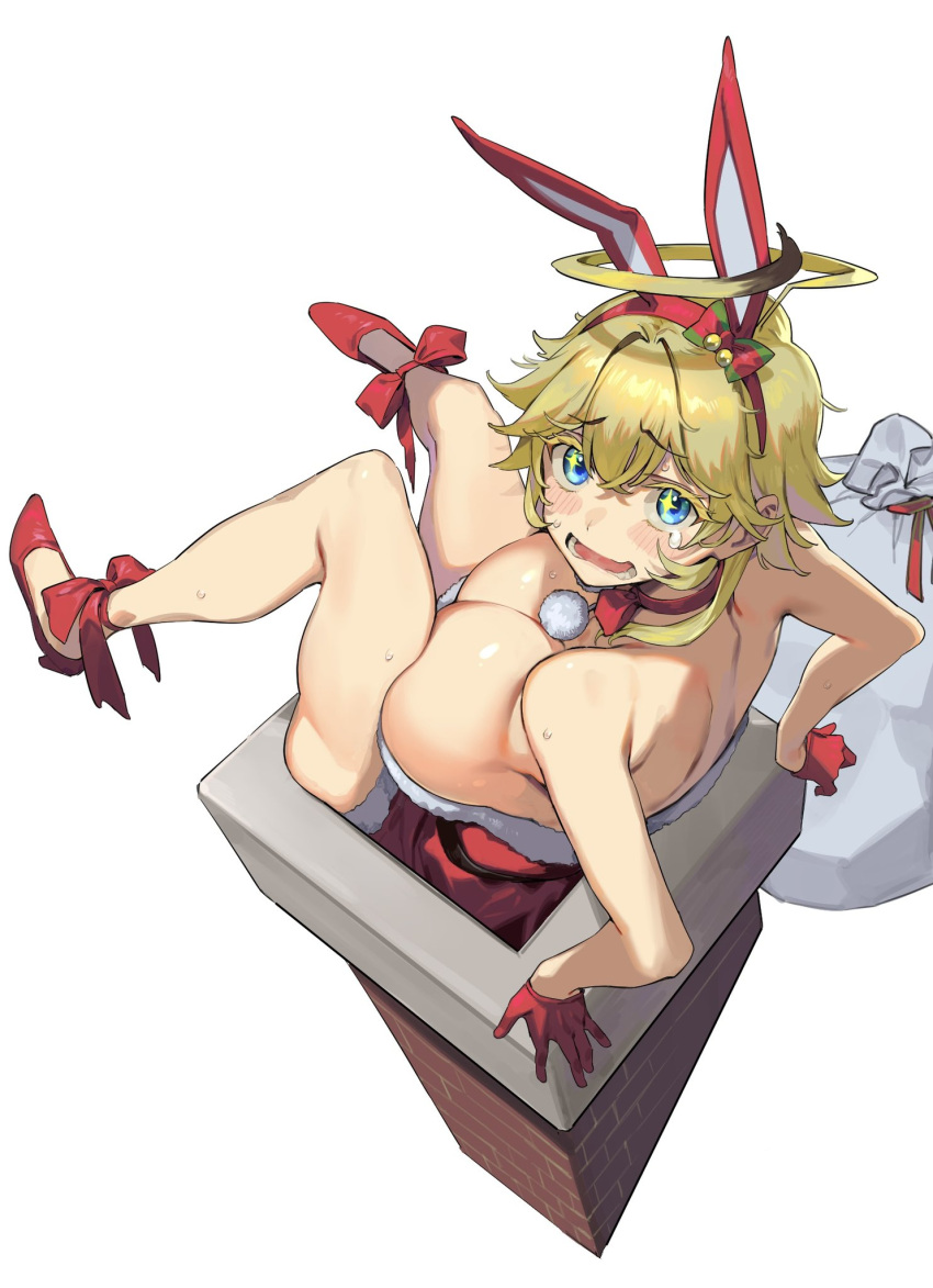 1girl ahoge animal_ears ankle_ribbon blonde_hair blue_eyes breasts chimney commentary gloves high_heels highres large_breasts leg_ribbon nonco original rabbit_ears red_footwear red_gloves red_ribbon ribbon sack santa_costume white_background