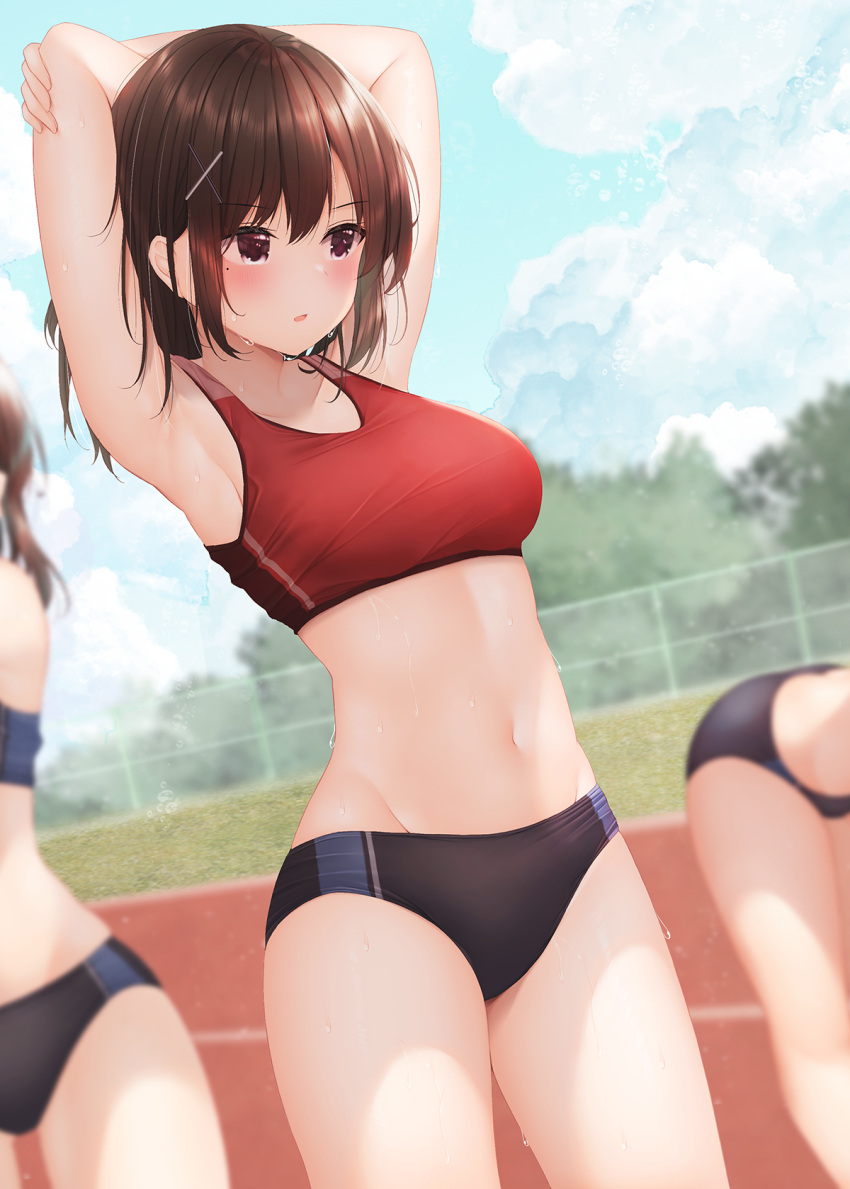 3girls armpits arms_up bare_arms bent_over black_buruma blue_sky blurry blurry_background blush breasts brown_eyes brown_hair buruma cloud cowboy_shot day groin hair_ornament highres long_hair looking_afar medium_breasts minato_ojitan mole mole_under_eye multiple_girls navel original outdoors parted_lips red_sports_bra revision sidelocks sky solo_focus sports_bra standing stomach stretching sweat thighs track_and_field underwear wet x_hair_ornament